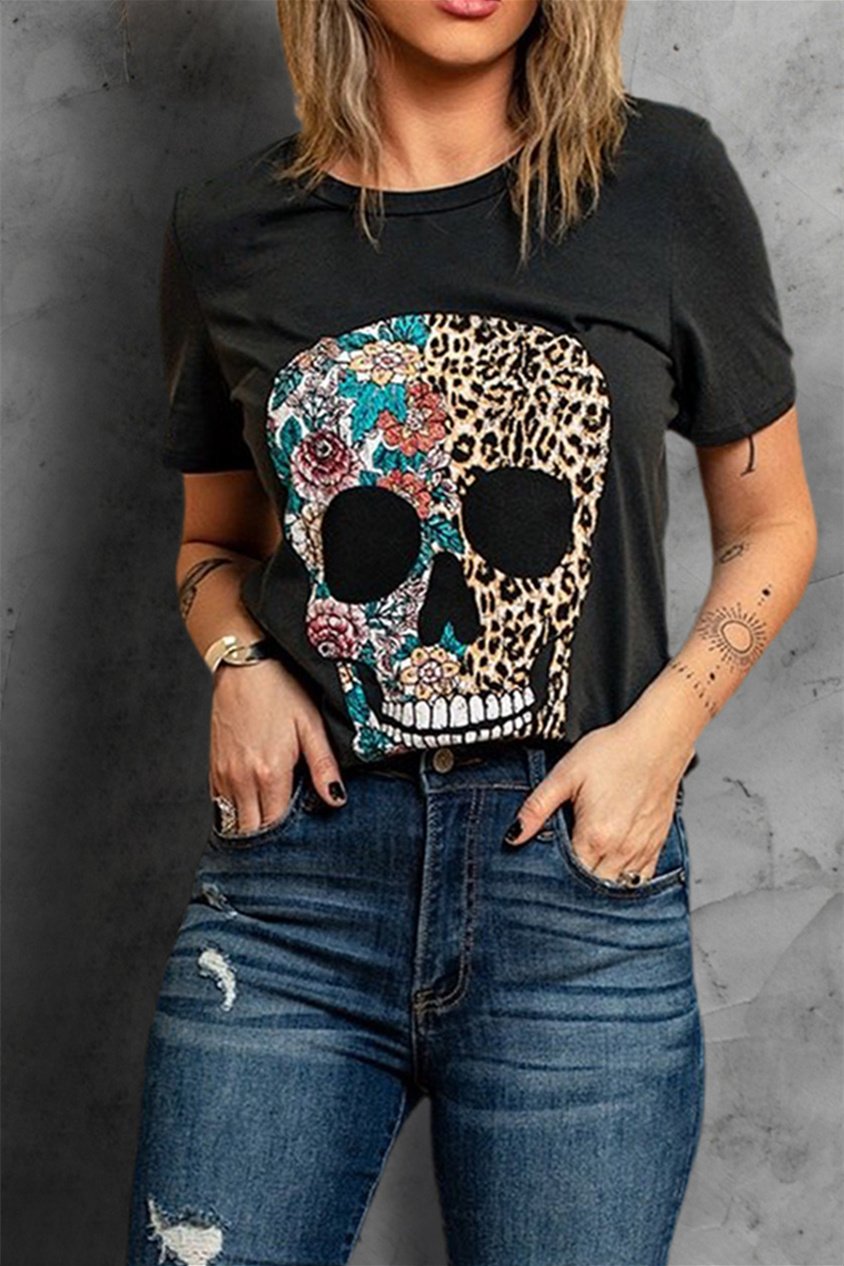 Leopard and floral skull design on a black short sleeve tee, showcasing a stylish and casual look.