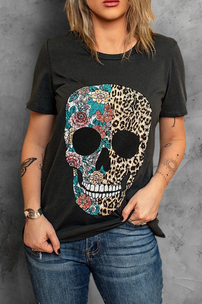 Leopard and floral skull design on a black short sleeve tee, showcasing a stylish and casual look.