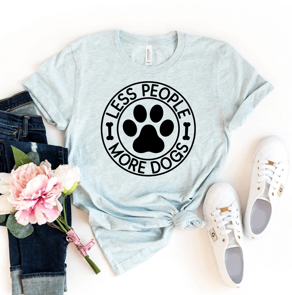 A stylish Less People More Dogs T-shirt made from premium ring spun cotton, featuring a vibrant print that showcases a love for dogs.