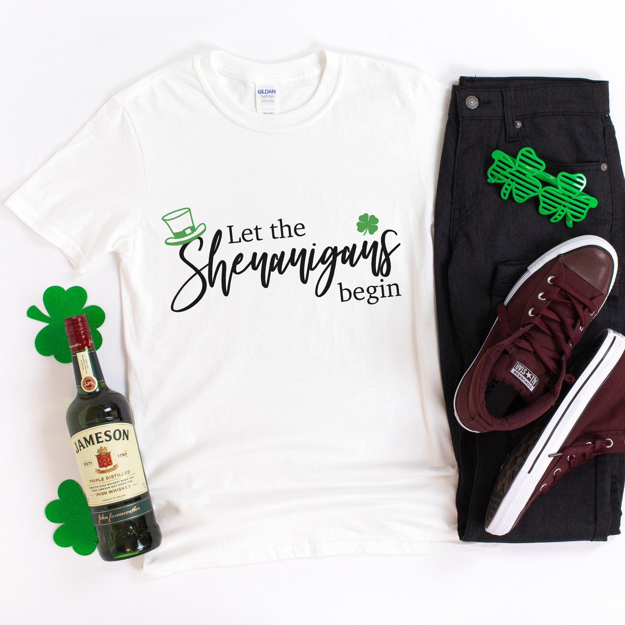 Let The Shenanigans Begin Tee featuring a fun design, made from 100% Ringspun Cotton, suitable for both men and women.