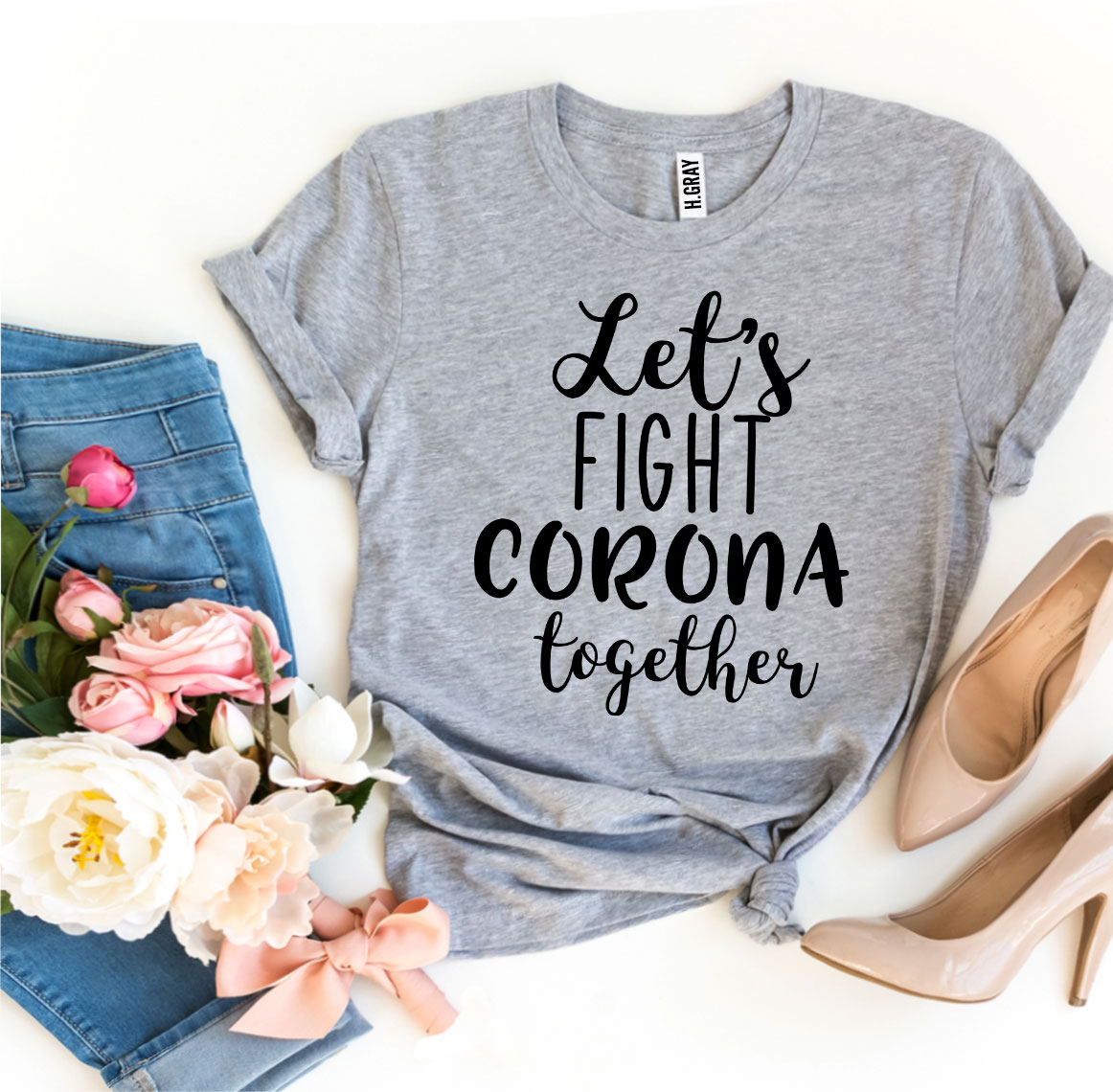 Let's Fight Corona Together T-shirt made of premium ring spun cotton, featuring a vibrant flex print design.