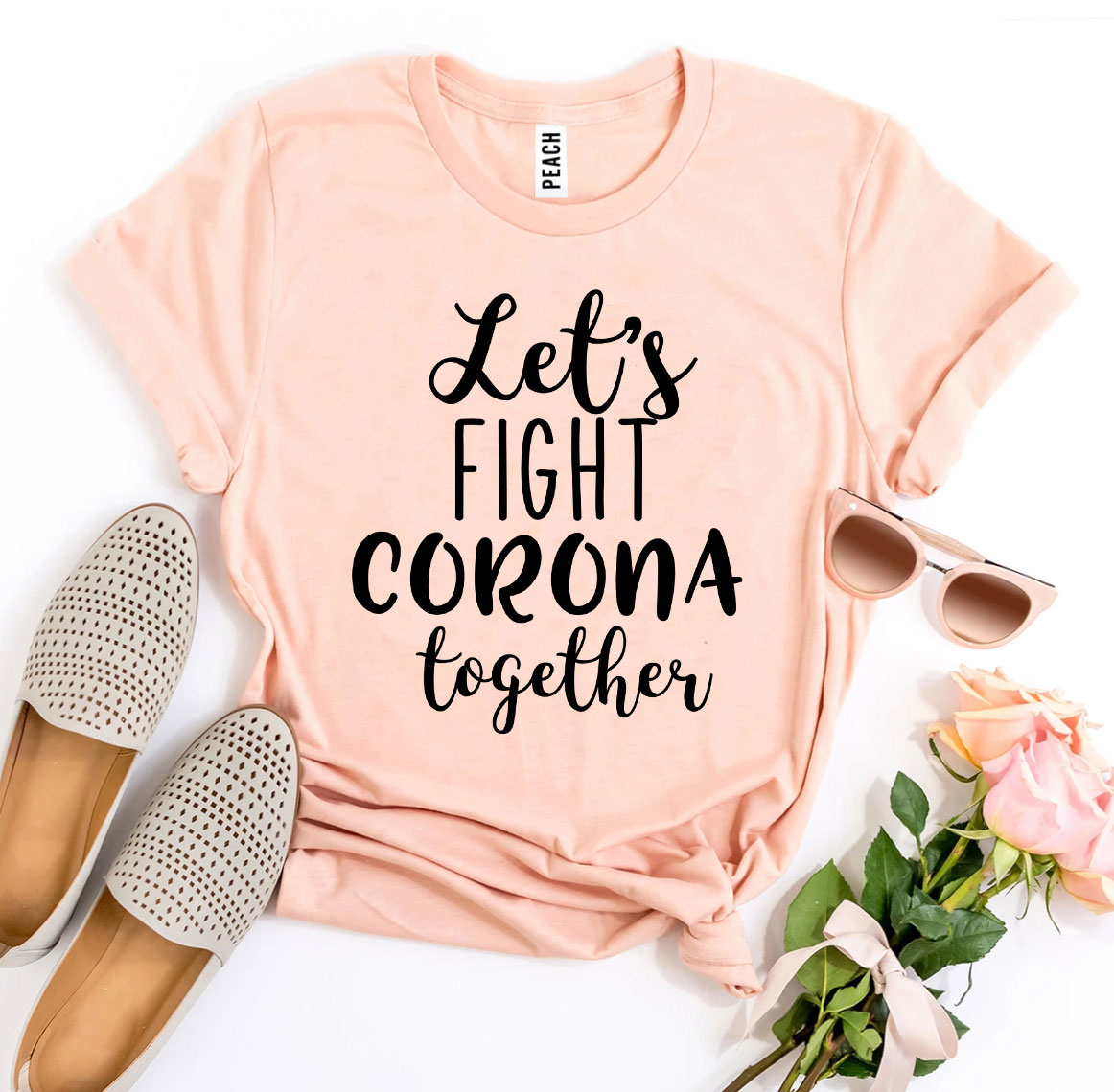 Let's Fight Corona Together T-shirt made of premium ring spun cotton, featuring a vibrant flex print design.