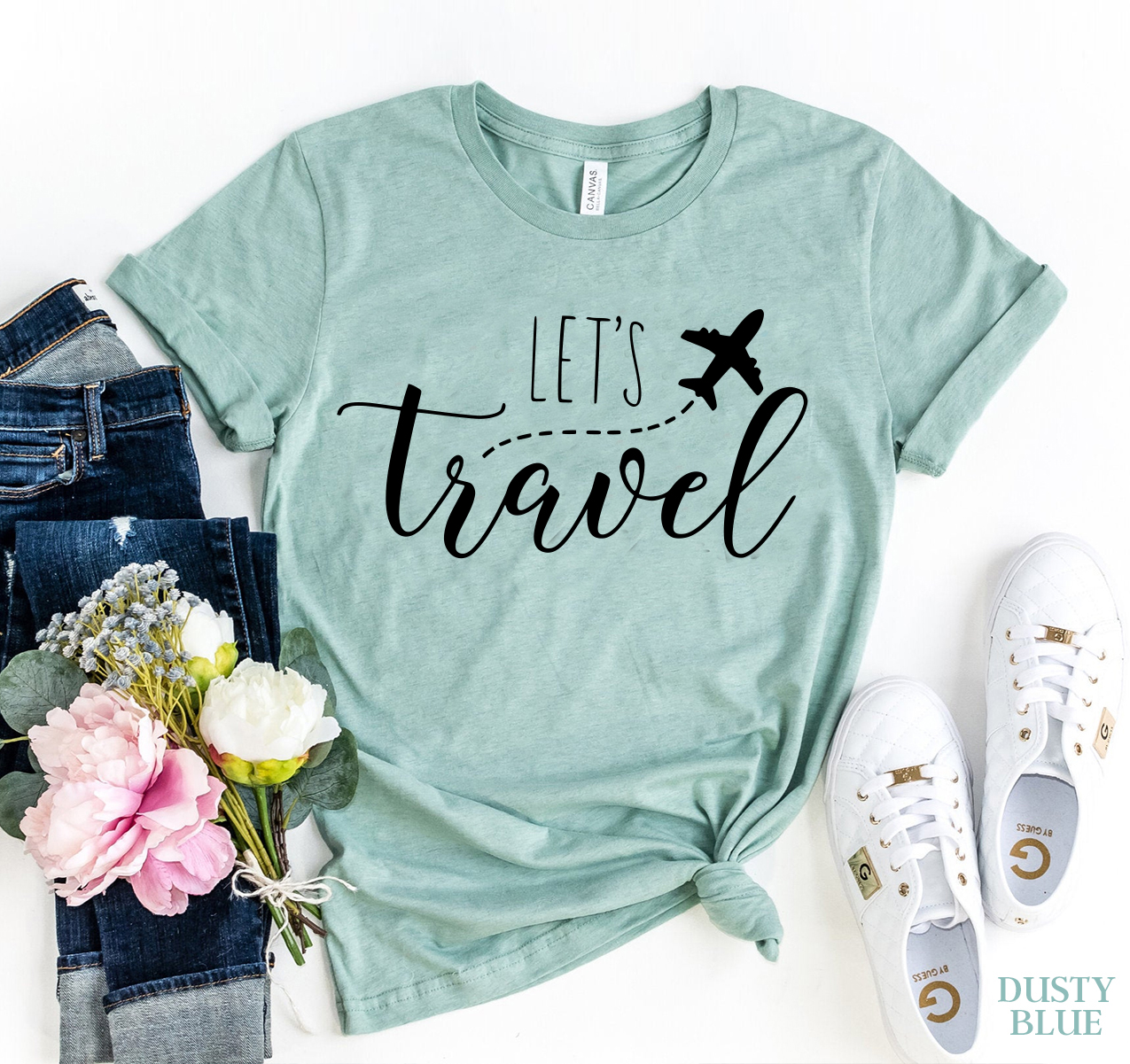 A stylish Let's Travel T-shirt made from premium ring spun cotton, featuring a vibrant flex print design, available in various sizes.