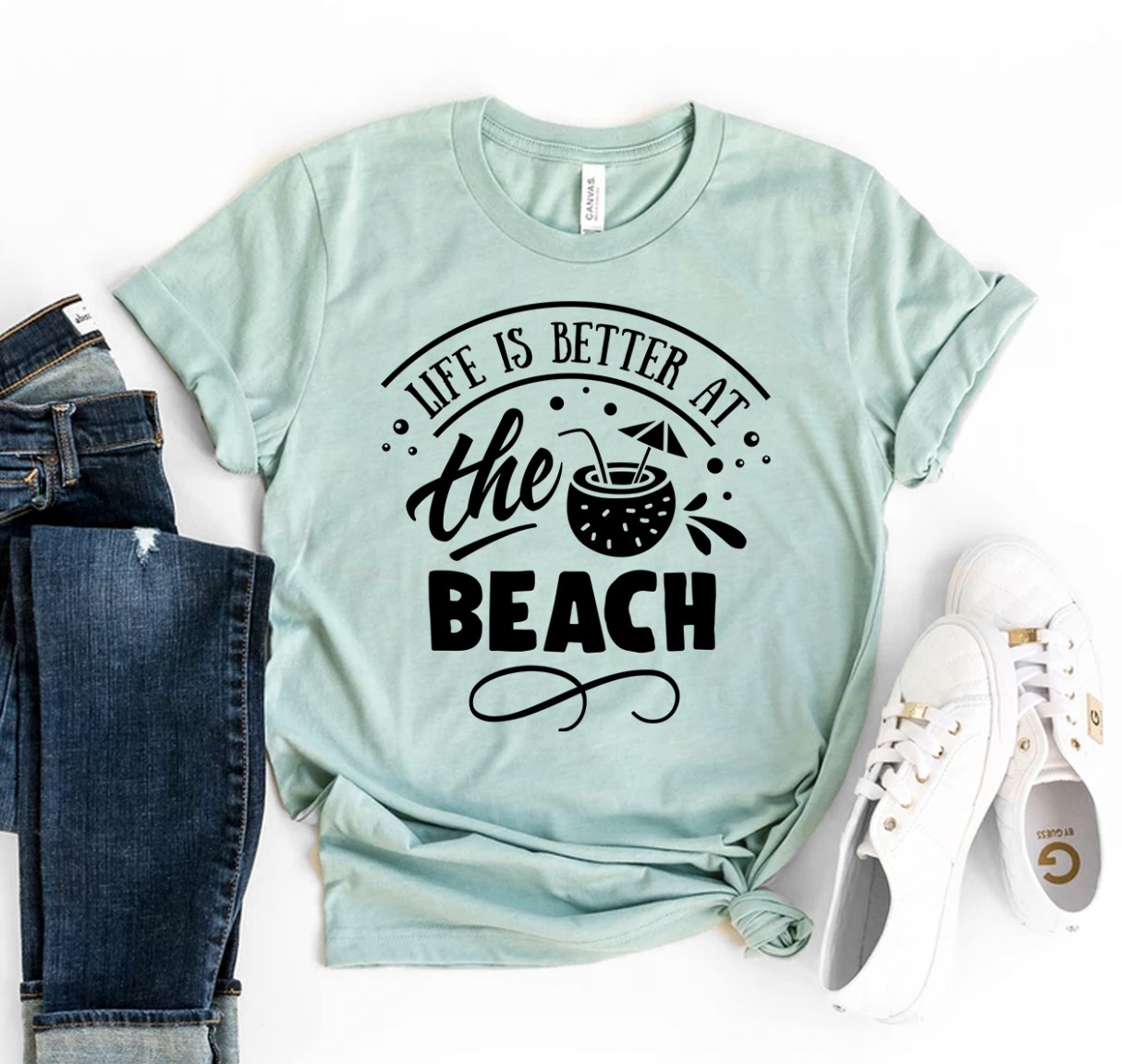 Life Is Better At The Beach T-shirt made from premium ring spun cotton, featuring a vibrant flex print design.