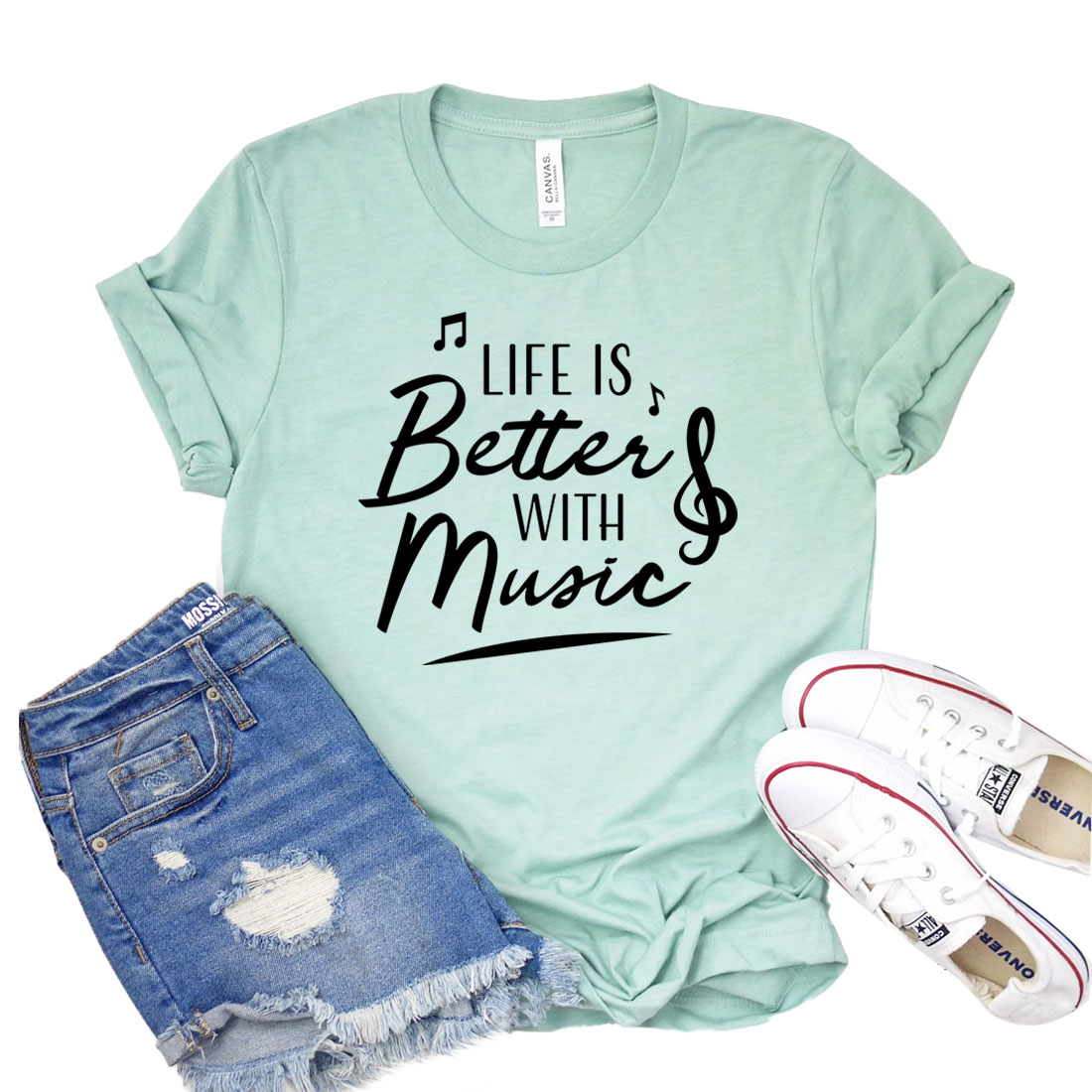 Life Is Better With Music T-shirt in various sizes, showcasing its soft fabric and stylish design.