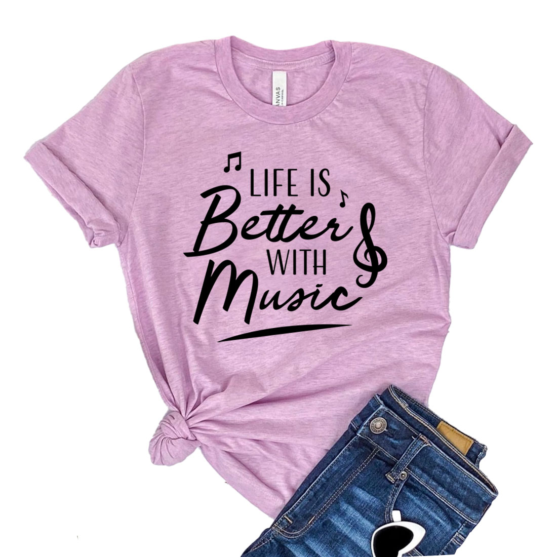 Life Is Better With Music T-shirt in various sizes, showcasing its soft fabric and stylish design.