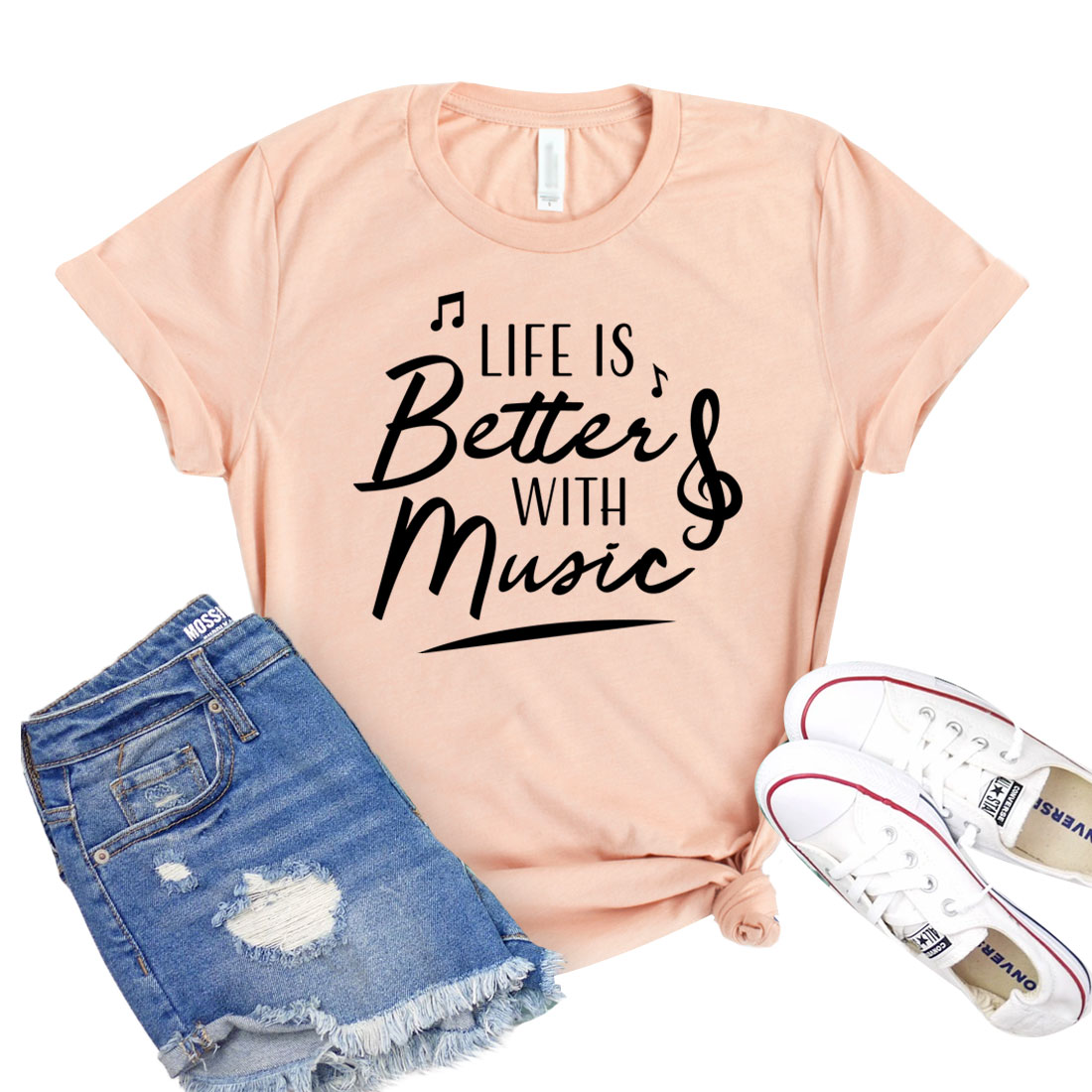 Life Is Better With Music T-shirt in various sizes, showcasing its soft fabric and stylish design.