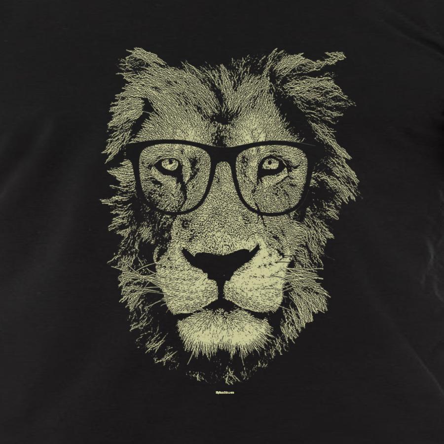 A stylish t-shirt featuring a lion wearing glasses, printed with eco-friendly inks.