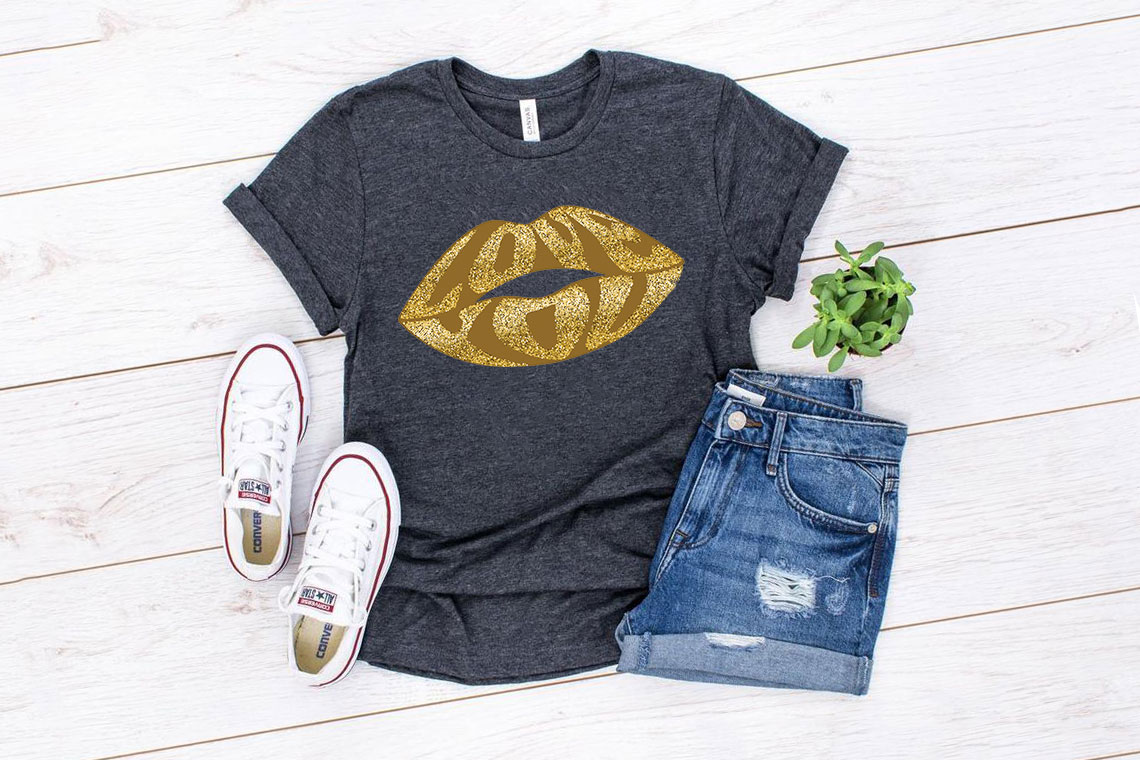 A stylish unisex Lips Gold Glitter Shirt made from soft ring spun cotton, featuring a vibrant glitter design and available in multiple colors.