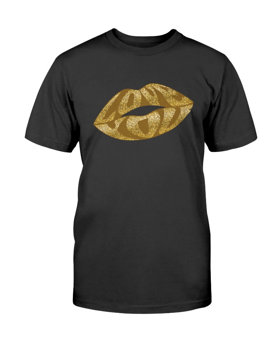 A stylish unisex Lips Gold Glitter Shirt made from soft ring spun cotton, featuring a vibrant glitter design and available in multiple colors.