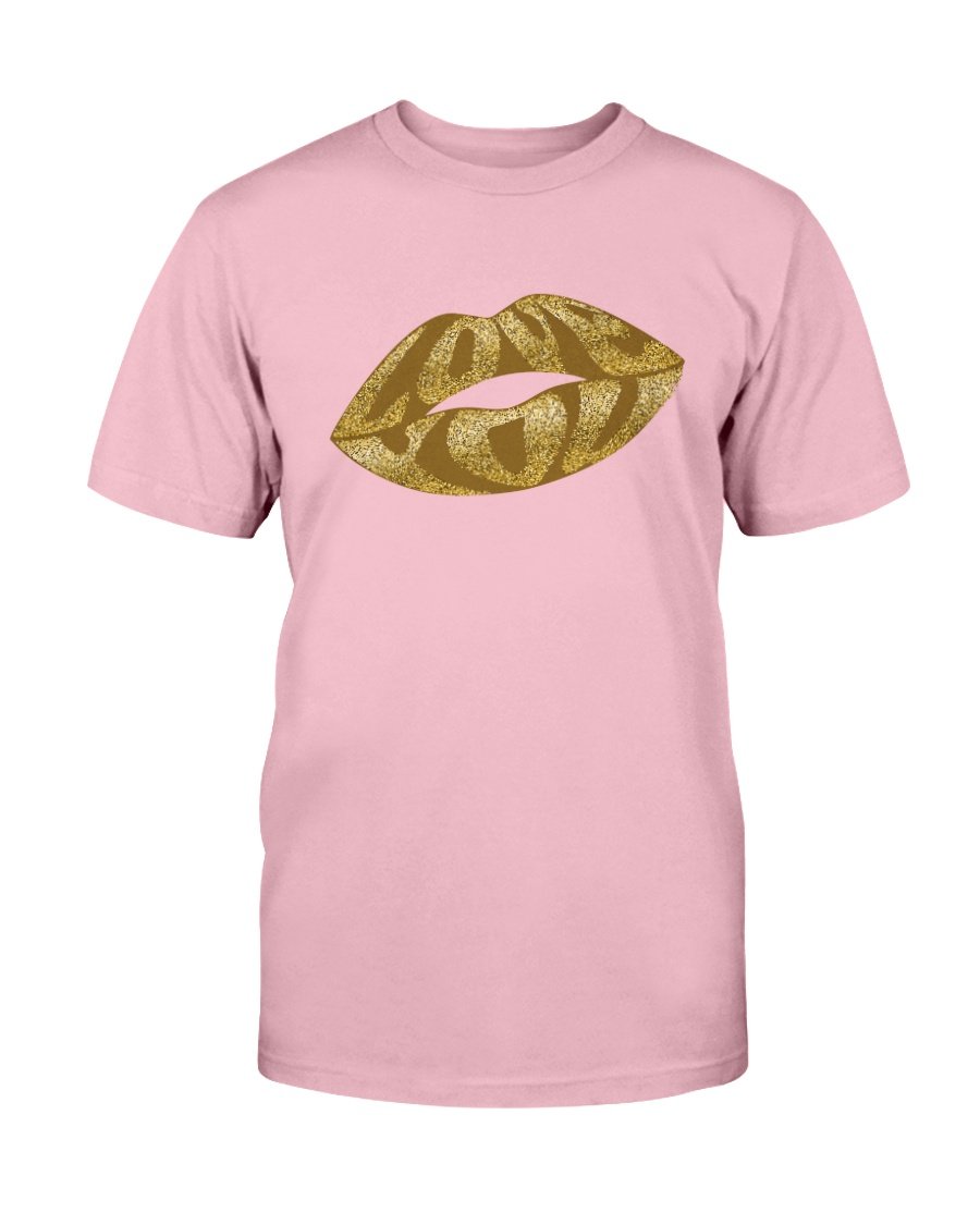 A stylish unisex Lips Gold Glitter Shirt made from soft ring spun cotton, featuring a vibrant glitter design and available in multiple colors.