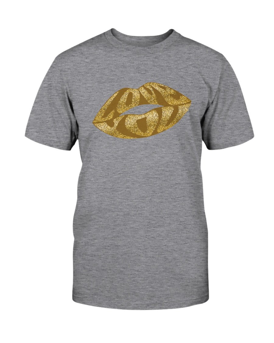 A stylish unisex Lips Gold Glitter Shirt made from soft ring spun cotton, featuring a vibrant glitter design and available in multiple colors.