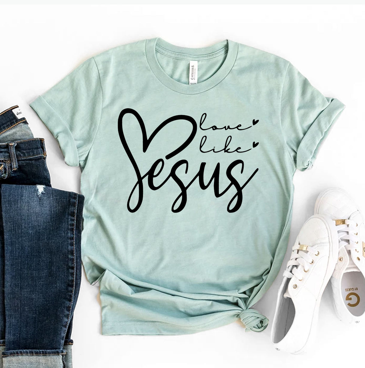 Live Love Jesus T-shirt made of premium ring spun cotton with a soft textile flex print design.