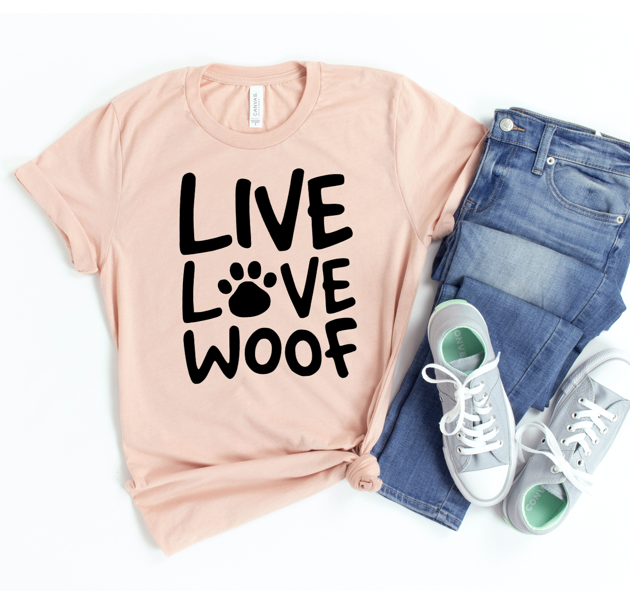 Live Love Woof T-shirt in various sizes, showcasing its soft fabric and stylish design for dog lovers.