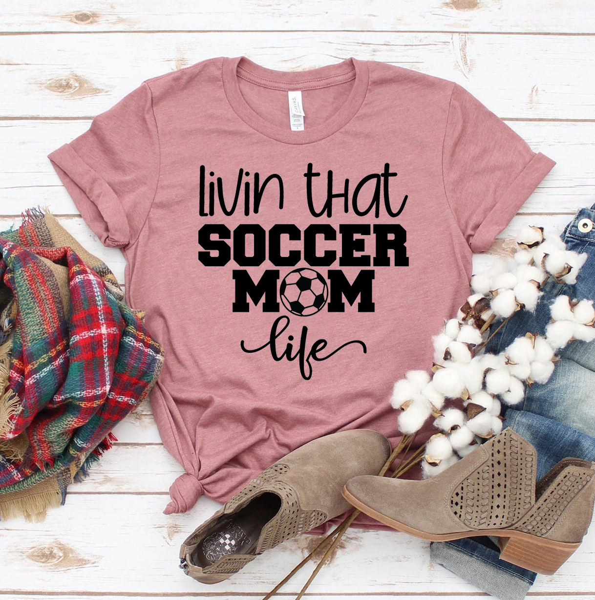 Living That Soccer Mom Life T-shirt made of premium ring spun cotton, featuring a soft feel and high-quality flex print design.