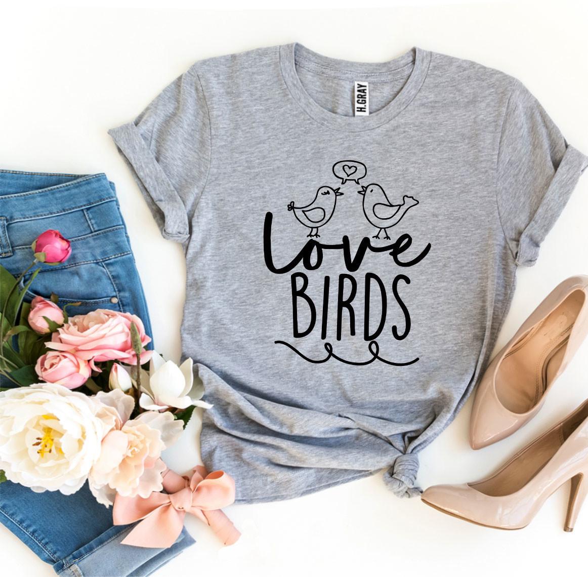 Love Birds T-shirt made from premium ring spun cotton, featuring a vibrant flex print design, available in various sizes.