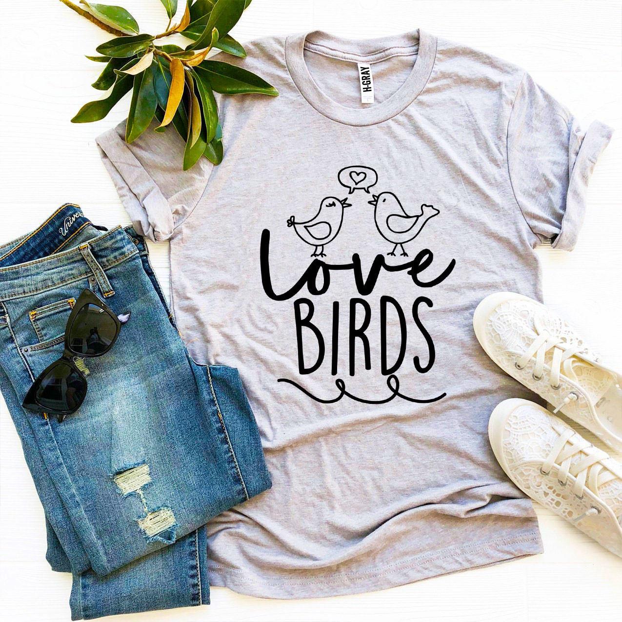 Love Birds T-shirt made from premium ring spun cotton, featuring a vibrant flex print design, available in various sizes.