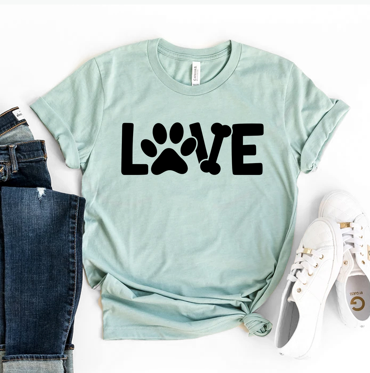 A stylish Love Dog T-shirt made from premium ring spun cotton, featuring a vibrant dog-themed design.