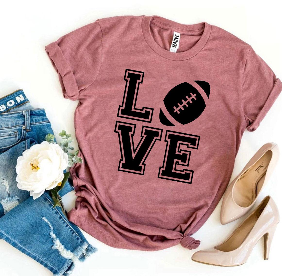 Love Football T-shirt made of premium ring spun cotton, featuring a stylish flex print design, available in various sizes.