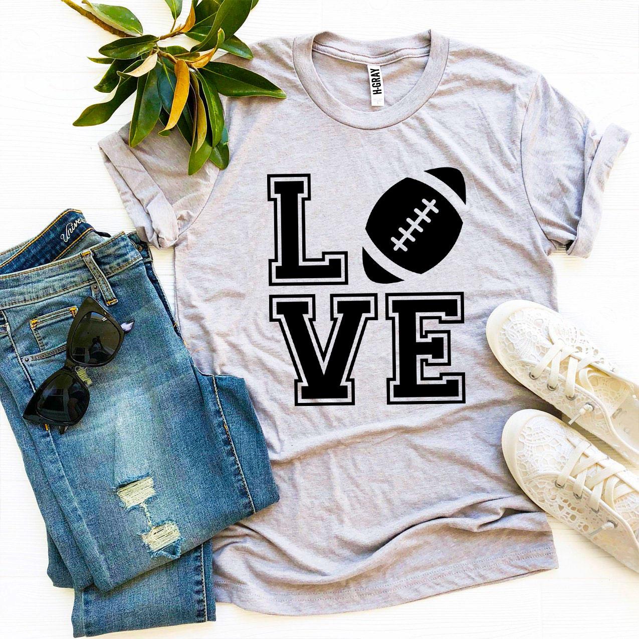 Love Football T-shirt made of premium ring spun cotton, featuring a stylish flex print design, available in various sizes.