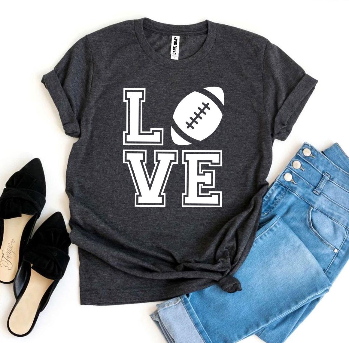 Love Football T-shirt made of premium ring spun cotton, featuring a stylish flex print design, available in various sizes.