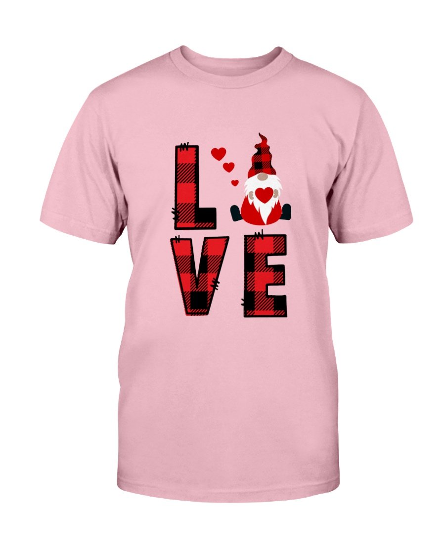 A stylish Love Gnome Shirt made from soft ring spun cotton, featuring a vibrant print and available in multiple colors and sizes.