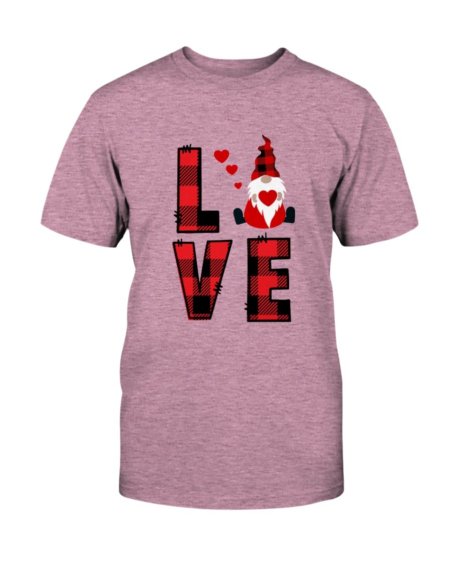 A stylish Love Gnome Shirt made from soft ring spun cotton, featuring a vibrant print and available in multiple colors and sizes.