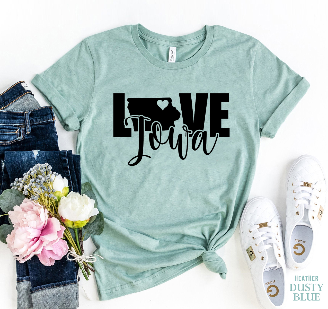 Love Iowa T-shirt made of premium ring spun cotton, featuring a vibrant design that showcases love for Iowa, available in various sizes.