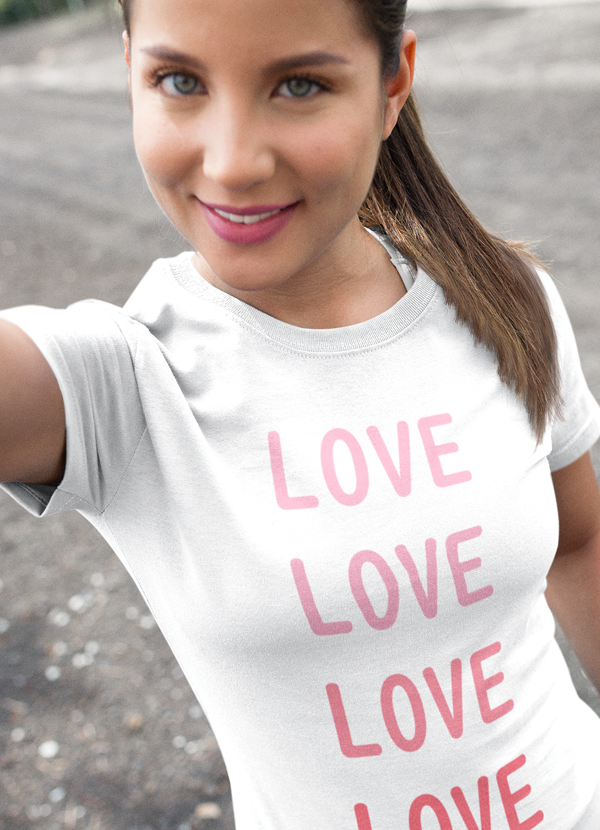 A stylish Love Love Love Women T-shirt made from soft ringspun cotton, featuring a vibrant design that expresses love and positivity.