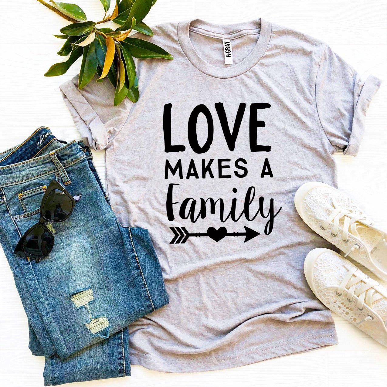 Love Makes a Family T-shirt made of premium ring spun cotton with a soft textile flex print design.