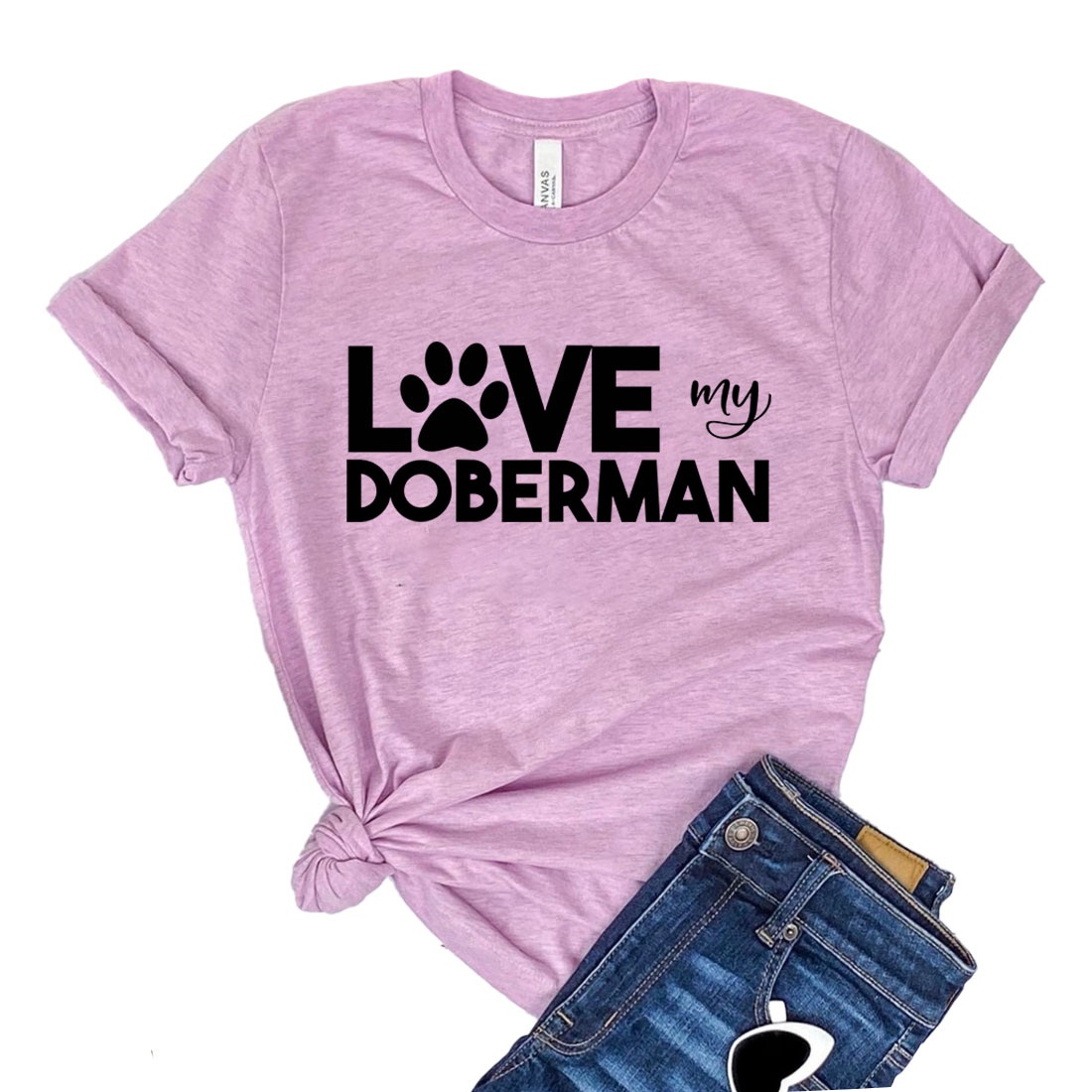 A stylish Love My Doberman T-shirt featuring a graphic design celebrating Doberman dogs, made from soft cotton fabric.