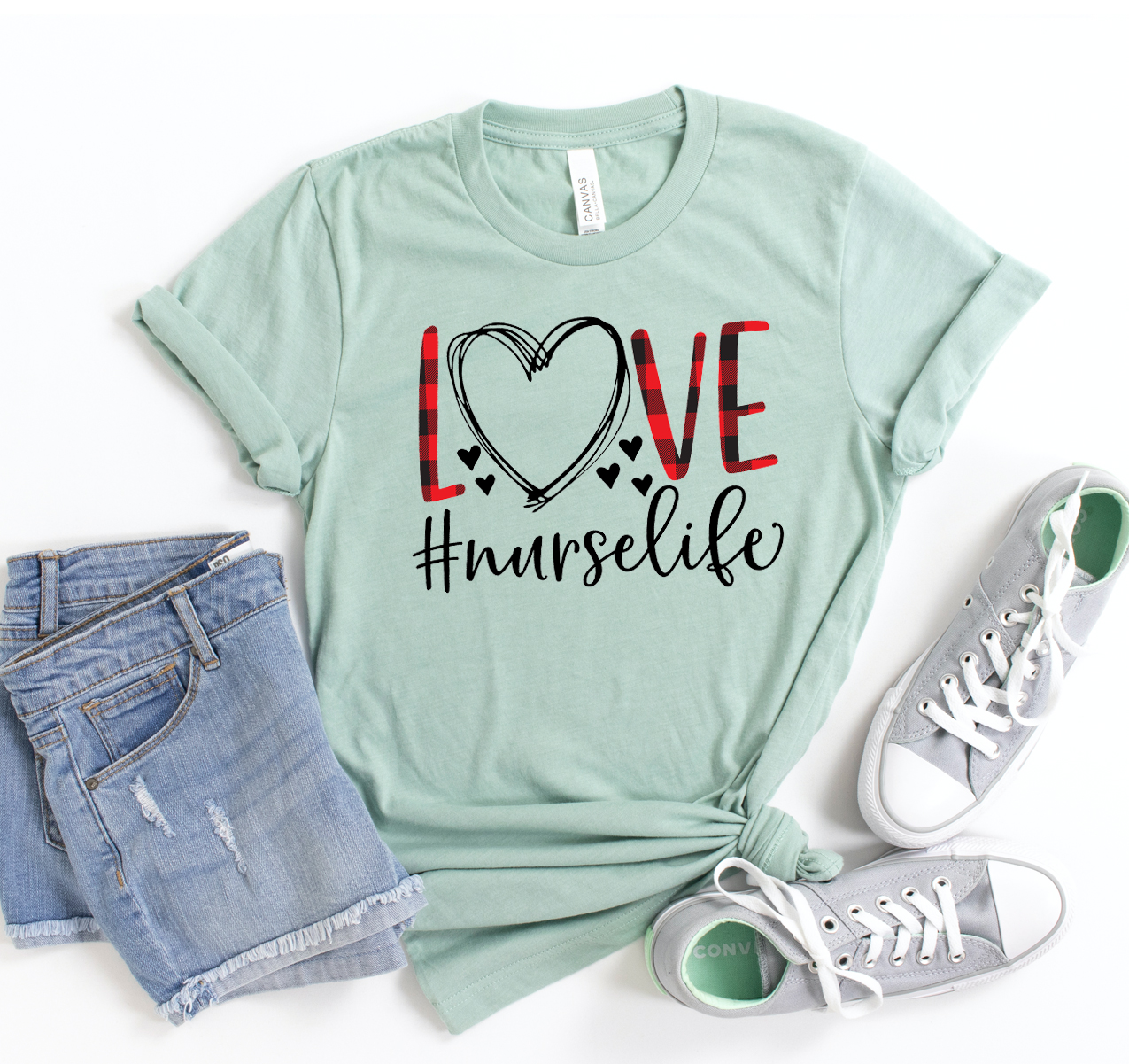 Love Nurse Life T-shirt in various sizes, showcasing its soft fabric and stylish design.