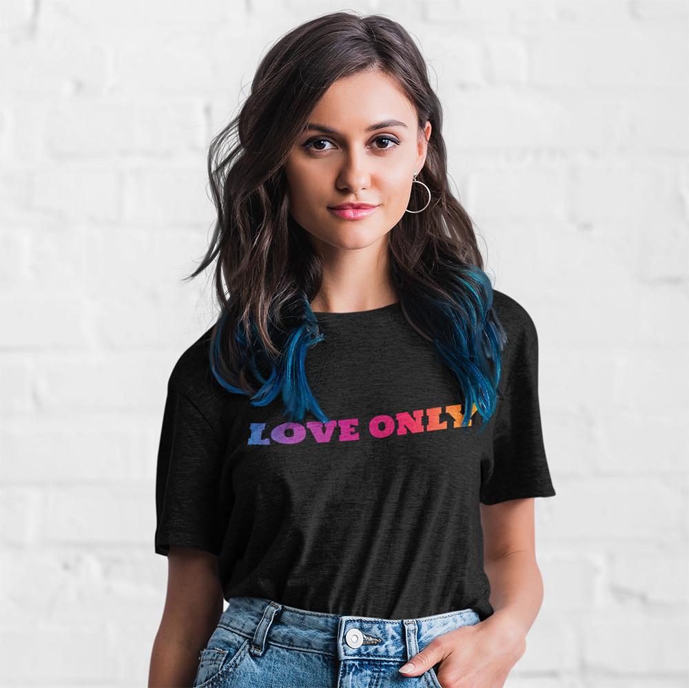 Love Only Colorful Short Sleeve Tee in various colors, showcasing its soft fabric and unisex design.