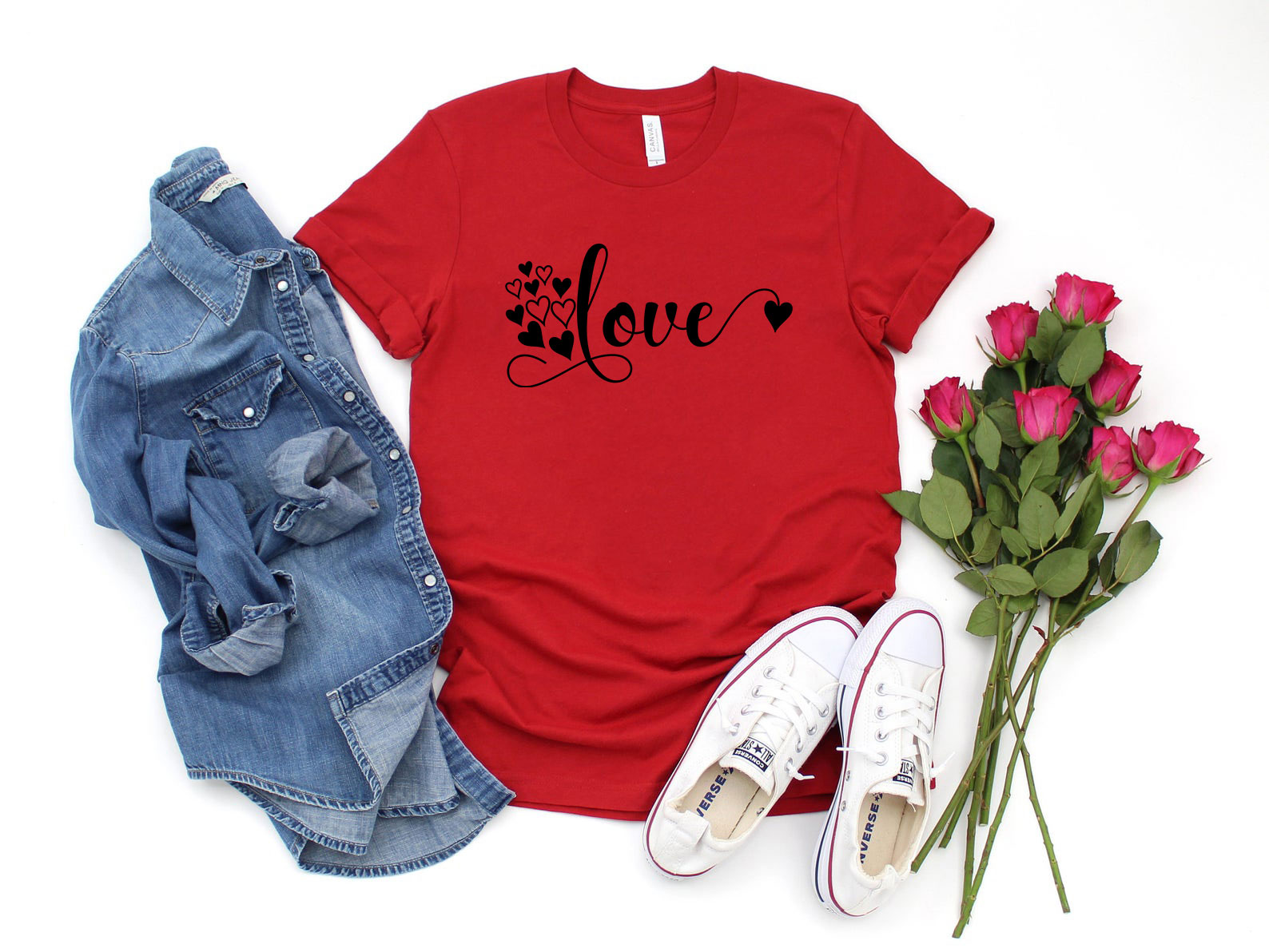 A stylish unisex Love Shirt made from soft ring spun cotton, available in various colors and sizes.