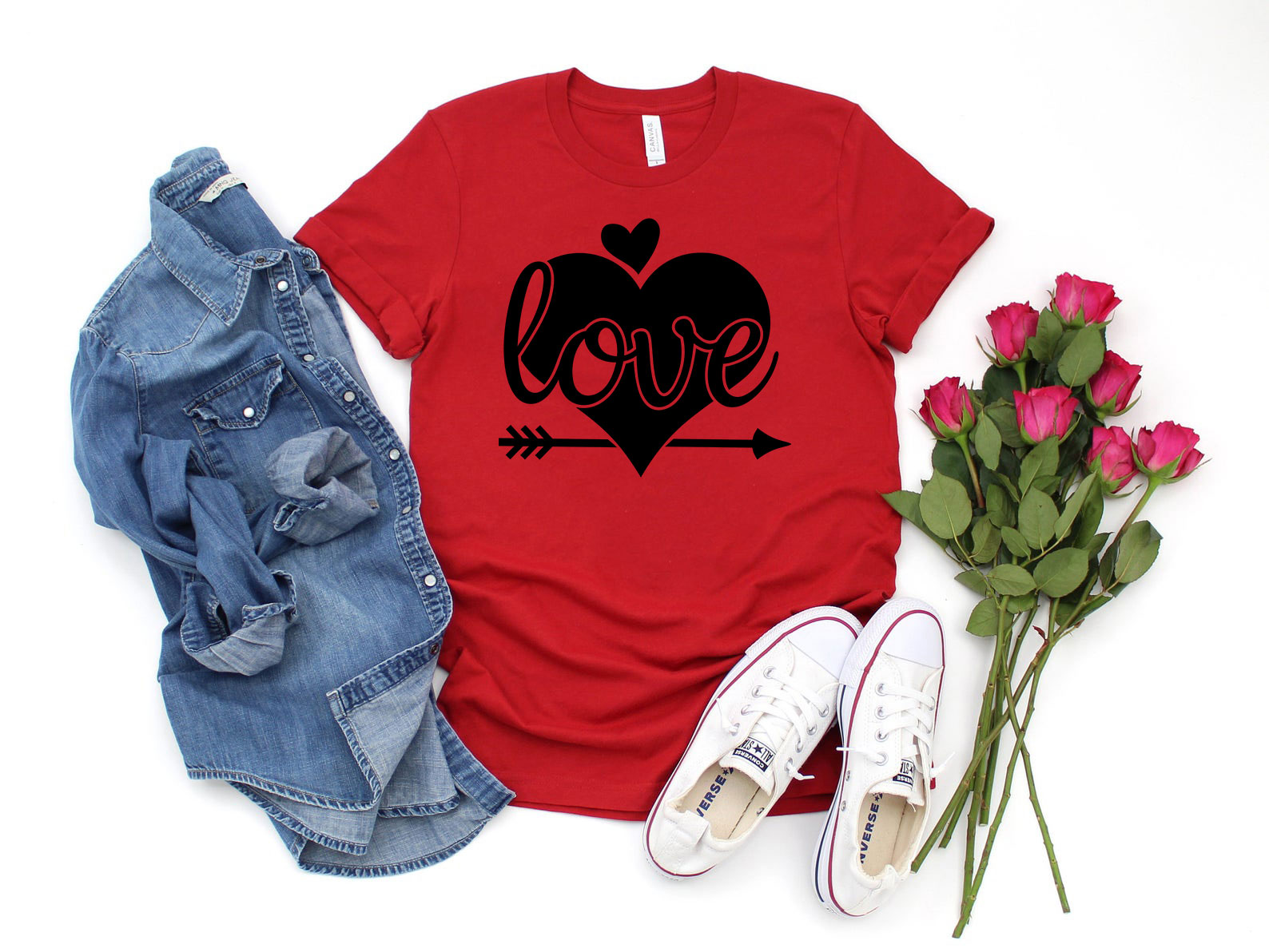 A stylish unisex Love Shirt made from soft ring spun cotton, available in various colors and sizes.