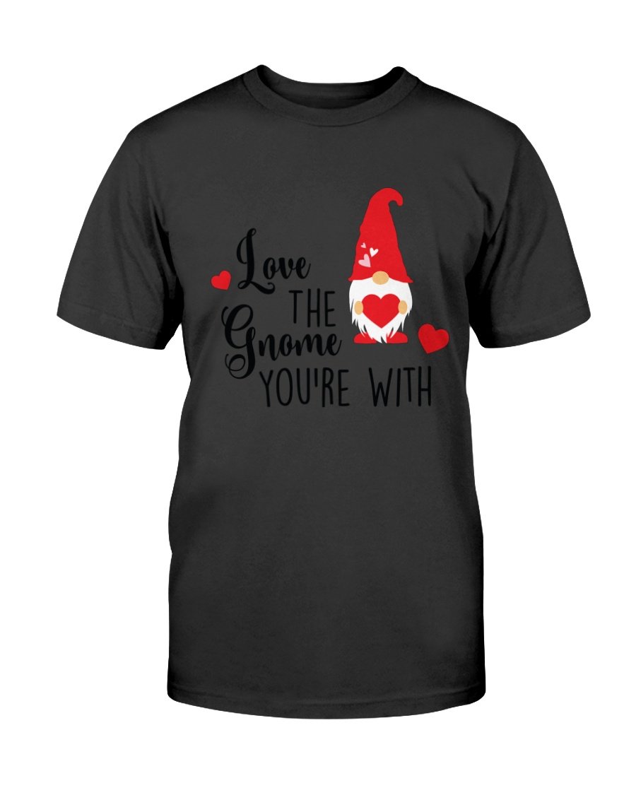 Unisex 'Love The Gnome You Are With' T-shirt in various colors, showcasing its soft fabric and vibrant print.