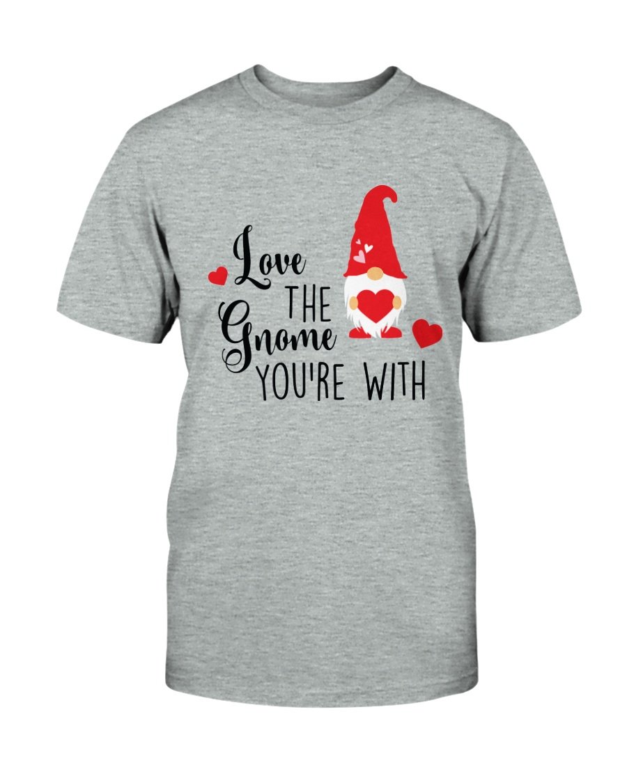 Unisex 'Love The Gnome You Are With' T-shirt in various colors, showcasing its soft fabric and vibrant print.