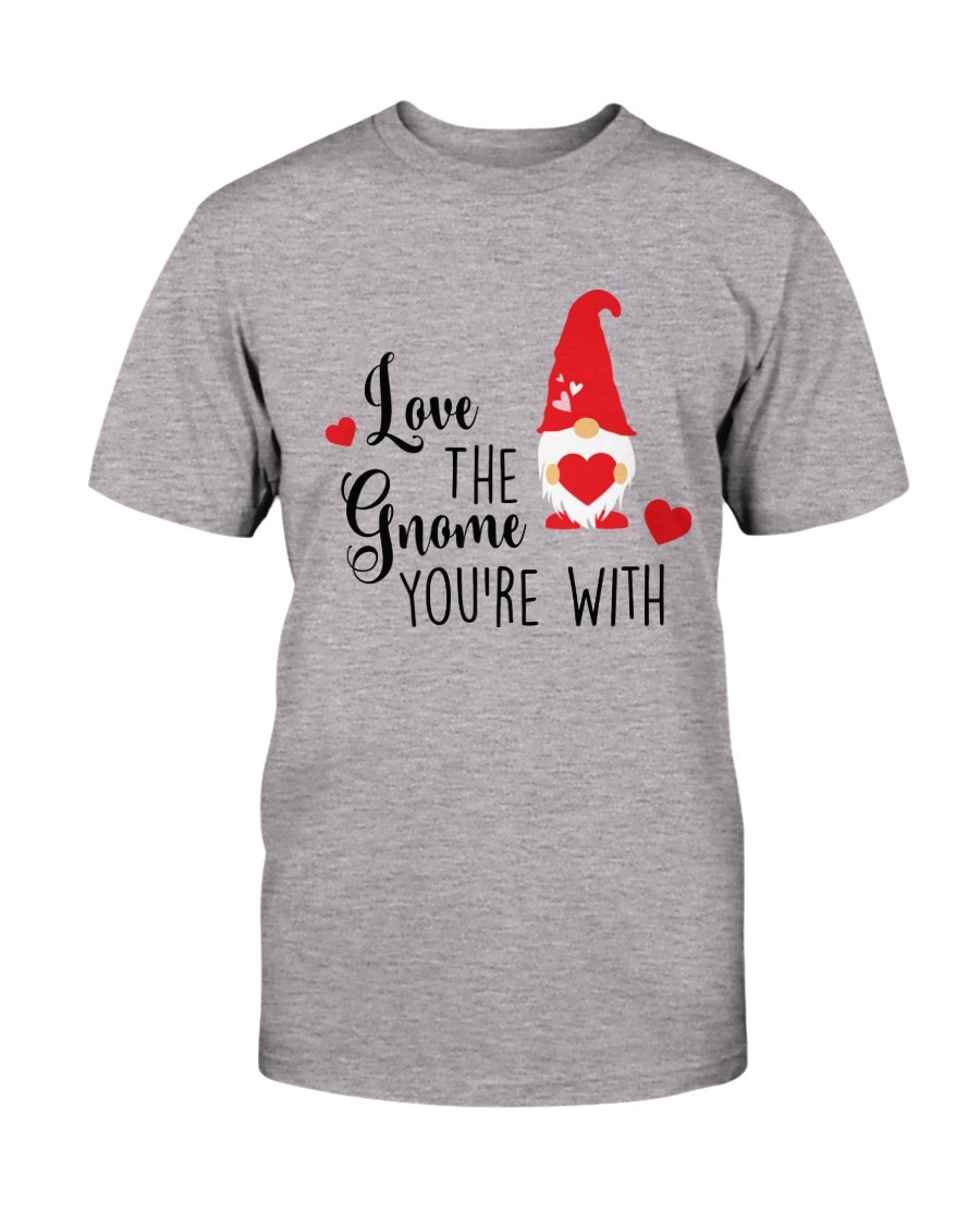 Unisex 'Love The Gnome You Are With' T-shirt in various colors, showcasing its soft fabric and vibrant print.