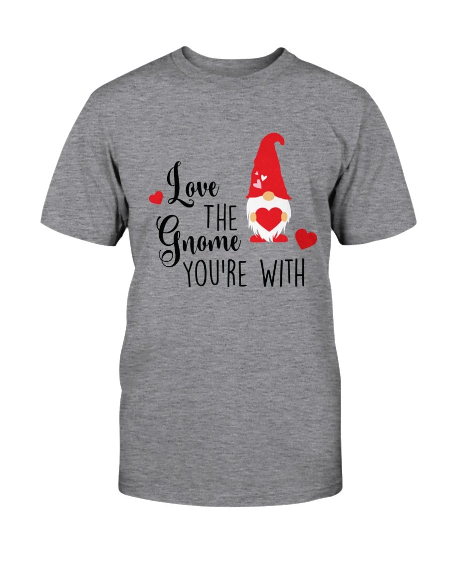 Unisex 'Love The Gnome You Are With' T-shirt in various colors, showcasing its soft fabric and vibrant print.