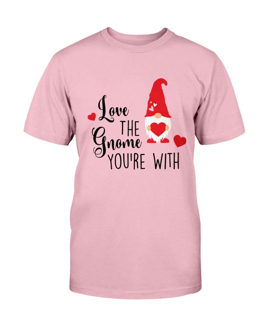 Unisex 'Love The Gnome You Are With' T-shirt in various colors, showcasing its soft fabric and vibrant print.