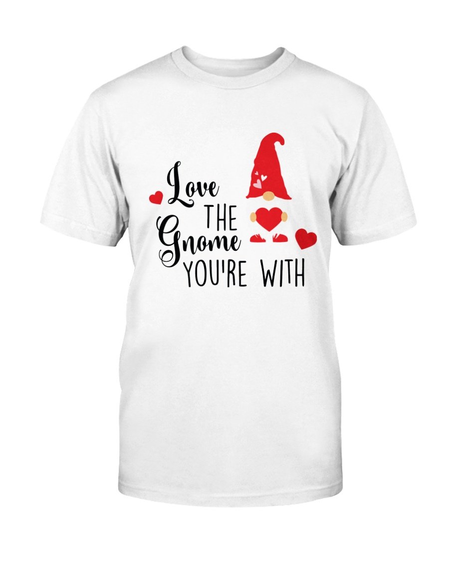 Unisex 'Love The Gnome You Are With' T-shirt in various colors, showcasing its soft fabric and vibrant print.