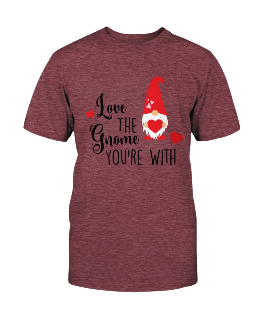 Unisex 'Love The Gnome You Are With' T-shirt in various colors, showcasing its soft fabric and vibrant print.