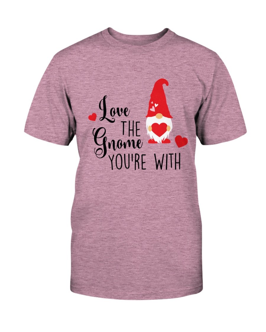 Unisex 'Love The Gnome You Are With' T-shirt in various colors, showcasing its soft fabric and vibrant print.