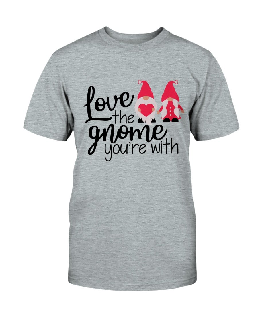 Unisex 'Love The Gnome You're With' T-shirt in various colors, showcasing its soft fabric and stylish design.