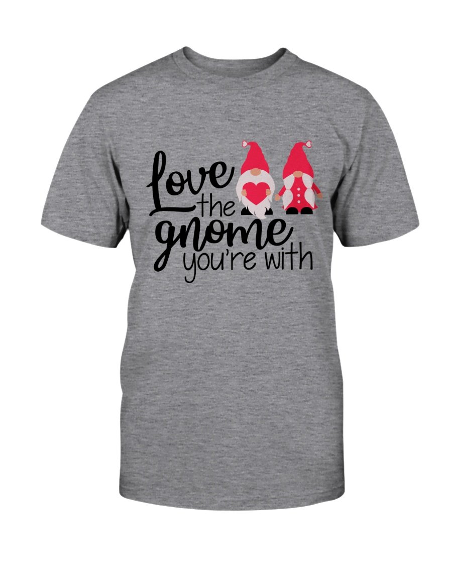 Unisex 'Love The Gnome You're With' T-shirt in various colors, showcasing its soft fabric and stylish design.