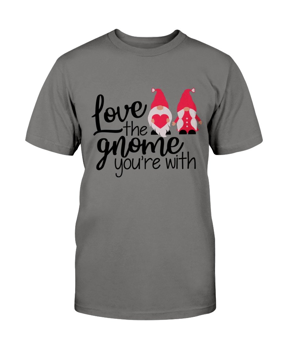 Unisex 'Love The Gnome You're With' T-shirt in various colors, showcasing its soft fabric and stylish design.