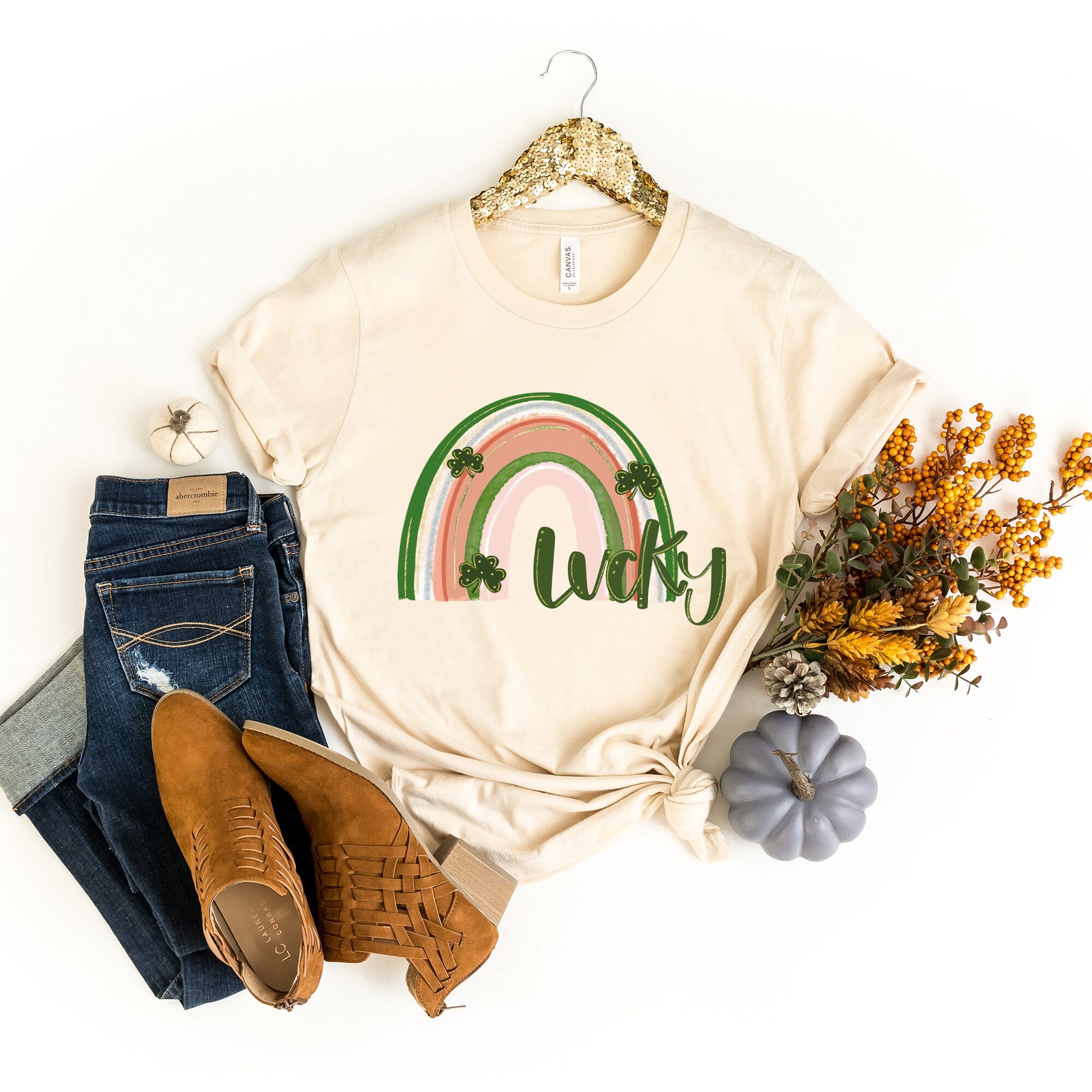 Lucky Rainbow St. Patty's T-shirt featuring vibrant colors and a comfortable fit, perfect for St. Patrick's Day celebrations.