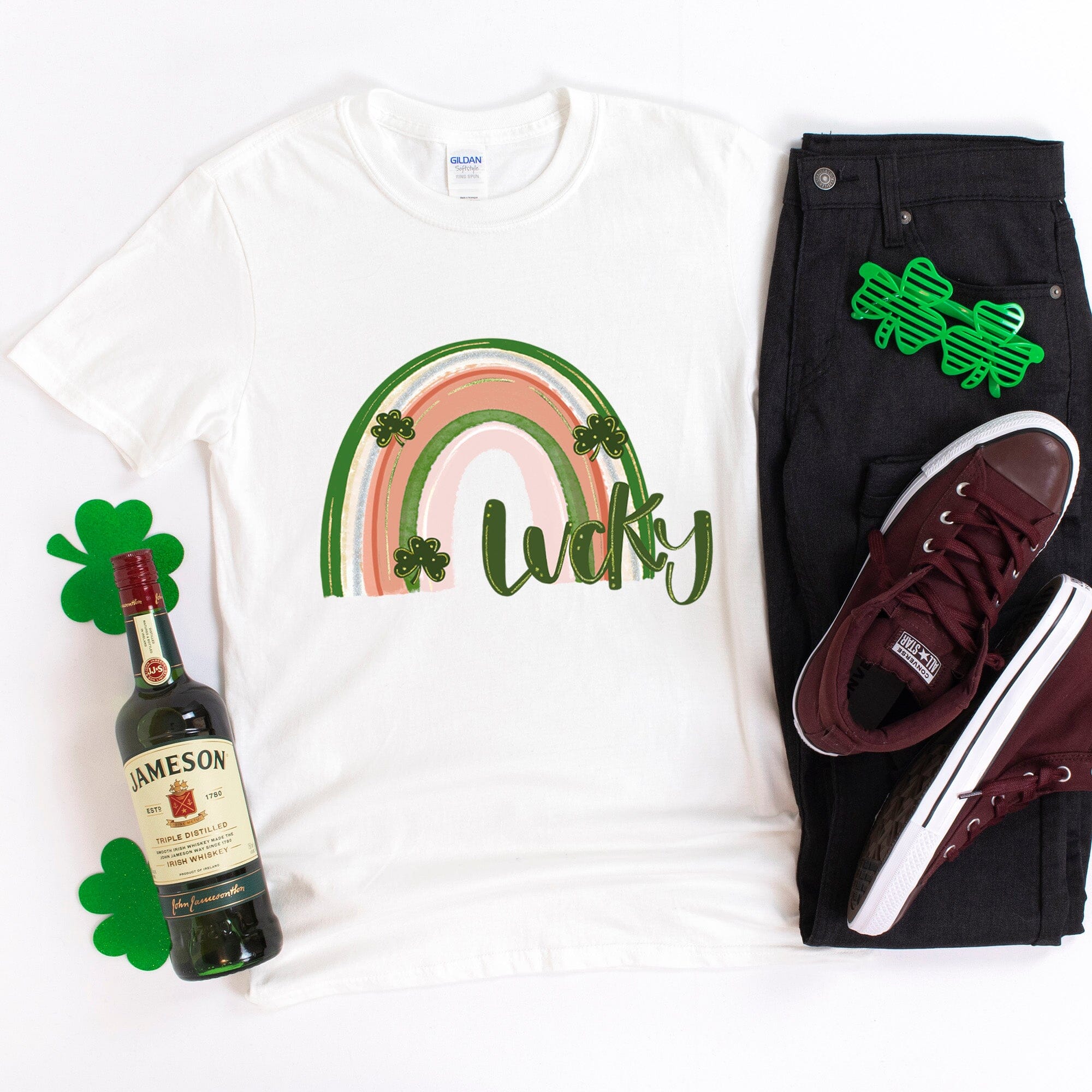 Lucky Rainbow St. Patty's T-shirt featuring vibrant colors and a comfortable fit, perfect for St. Patrick's Day celebrations.