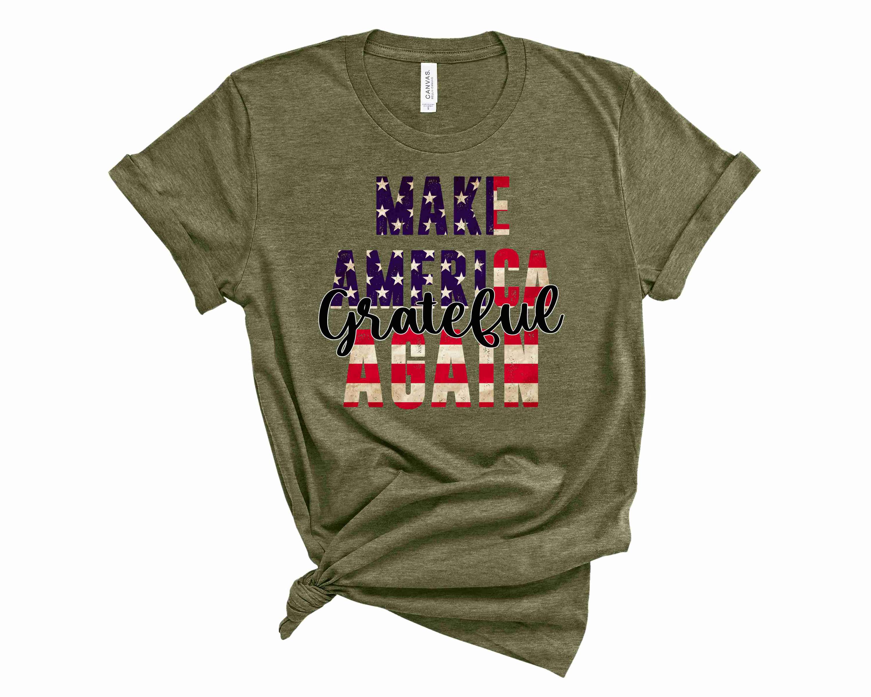 A unisex graphic tee featuring the phrase 'Make America Grateful Again' in bold letters, showcasing a stylish and positive design.