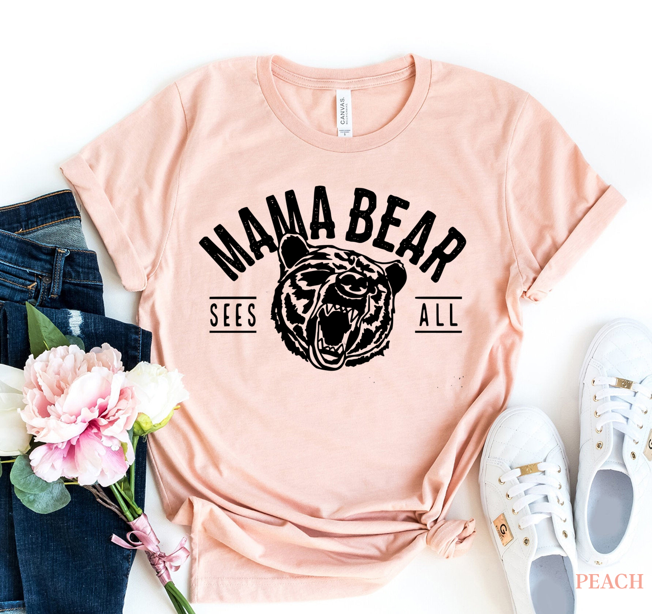 Mama Bear T-shirt made of premium ring spun cotton with a stylish design, available in various sizes.